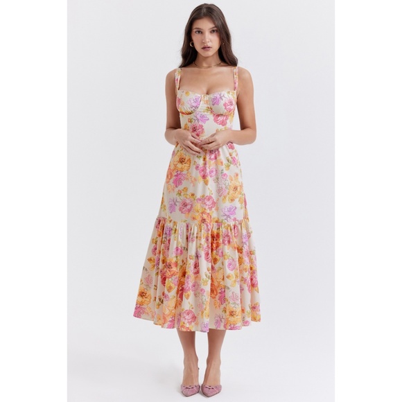 NEW House of CB Elia Dress Ivory + Large Flower Print Large+ (XL) - Picture 1 of 17